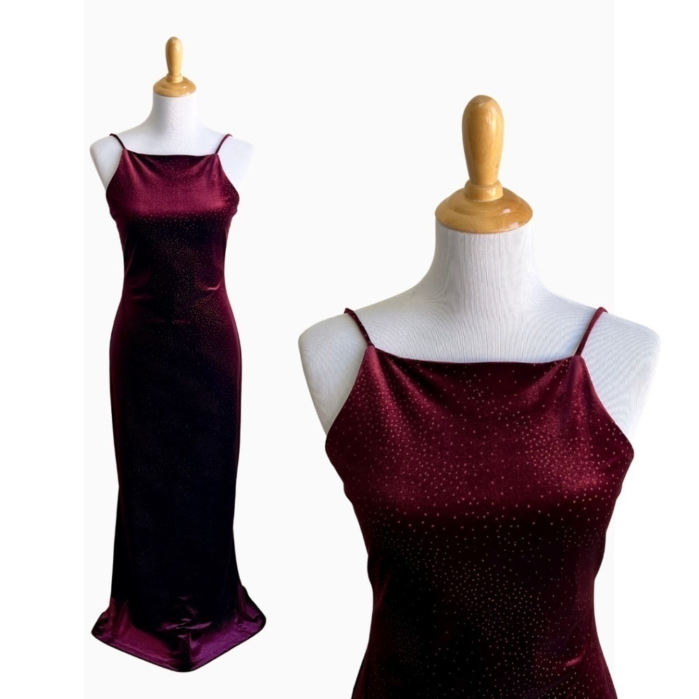 Vintage Be Smart Burgundy Velvet Maxi Dress Made in USA Halter Gown 8
